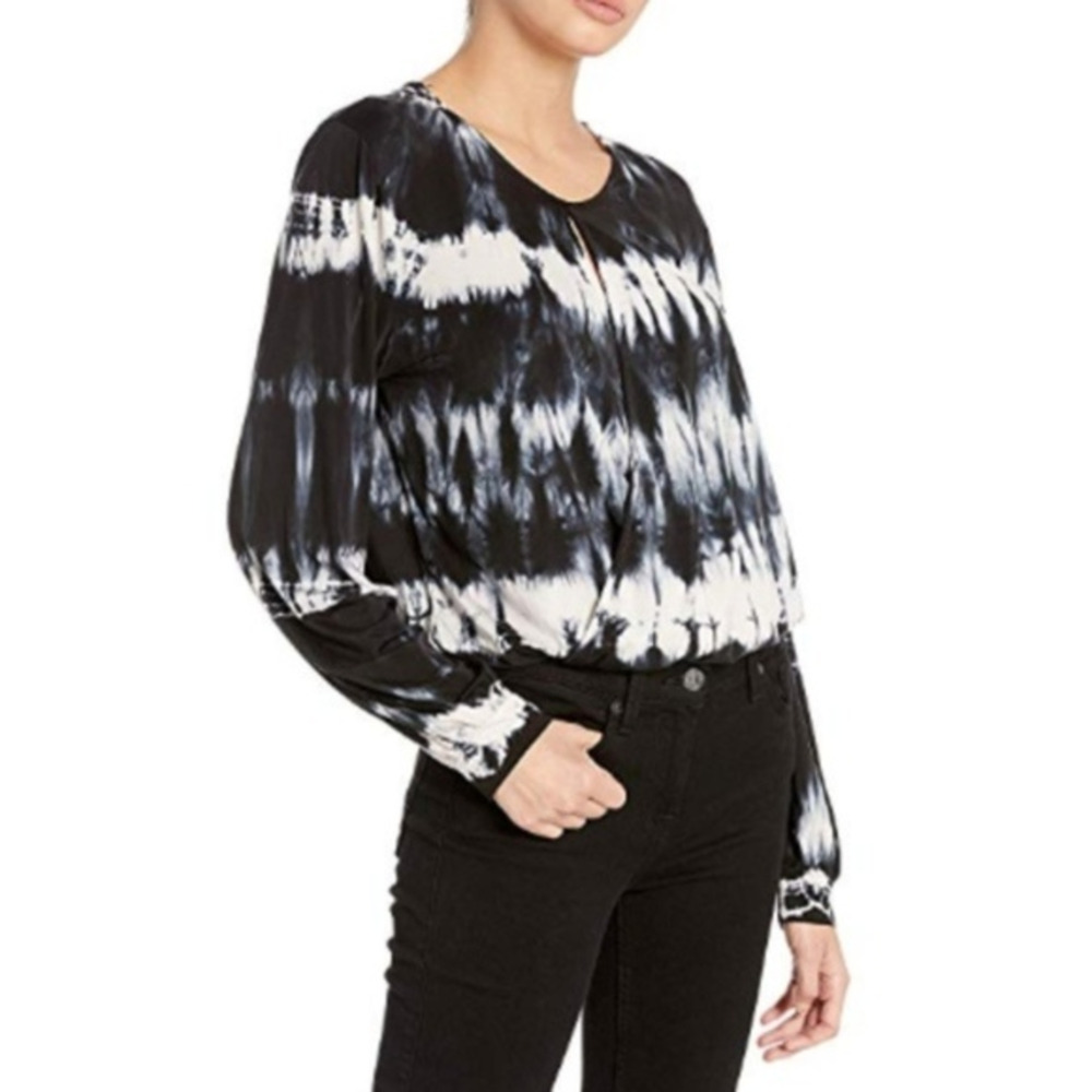 Young Fabulous & Broke Jayden Tie Dye Surplice Wrap Open Front Top Black Ghost